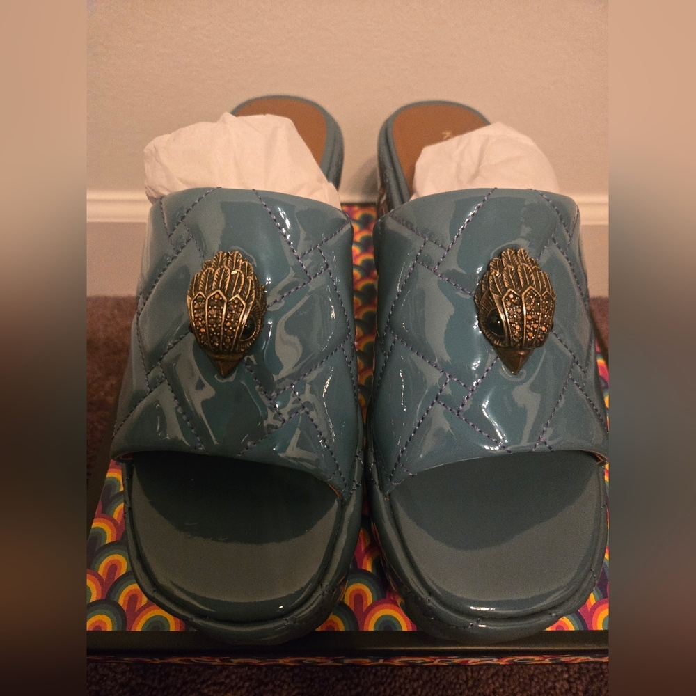 Blue Quilted Slide Sandals with Gold Accents
